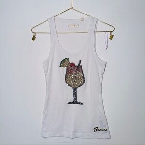 Guess White Tank Top with Sequin Drink Design